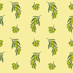 Seamless pattern green olives on yellow background
