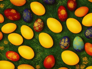 Fototapeta na wymiar Beautiful postcard with easter decoration and painted colorful easter eggs. Generative Ai