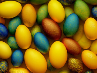 Fototapeta na wymiar Beautiful postcard with easter decoration and painted colorful easter eggs. Generative Ai