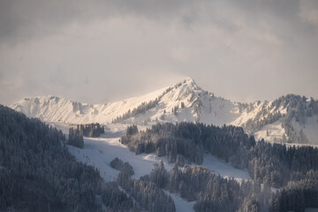 Plakat Alpen mit Schnee bedeckt, fotografiert aus Schöllang