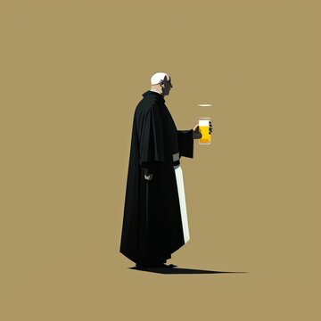 Trappist monk holding a brewery beer. Isolated, white background, copy space. Generative AI.