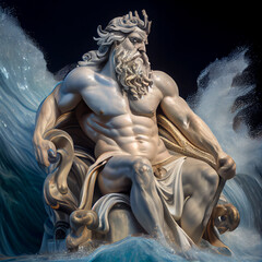 God Neptune looks into the distance on the ocean. AI generated