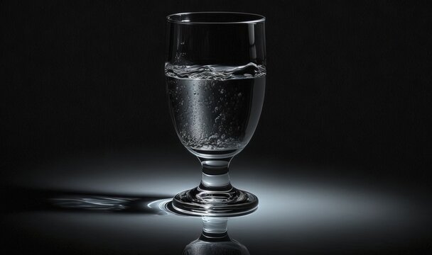  a glass filled with water on a black background with a reflection.  generative ai