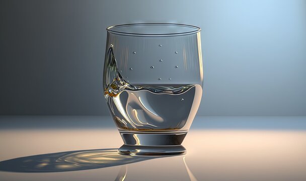  a glass of water is shown on a reflective table top.  generative ai