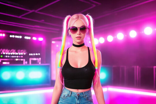Beautiful blonde girl in a top and shorts and sunglasses at a party in a nightclub dances relaxing and having fun under neon multicolored light. Generative AI