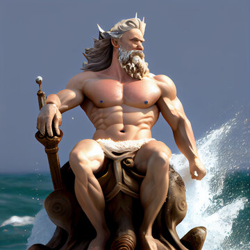 God Neptune looks into the distance on the ocean. AI generated