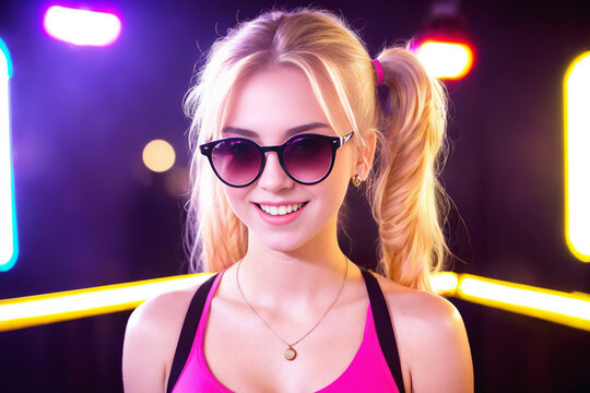 Beautiful blonde girl in a top and shorts and sunglasses at a party in a nightclub dances relaxing and having fun under neon multicolored light. Generative AI