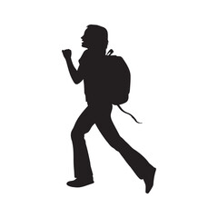 Fototapeta na wymiar Girl with backpack running silhouette white background.