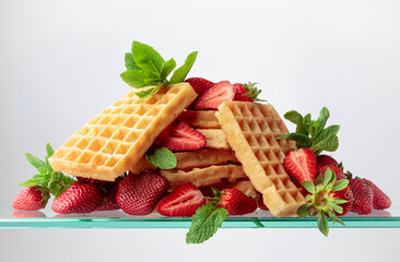 Waffles with strawberries and mint.