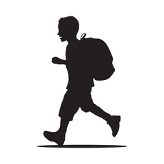 Little boy running with school bag silhouette.
