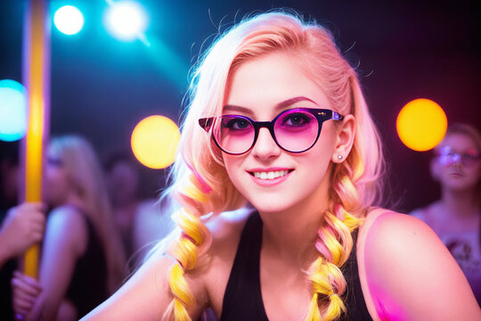 Beautiful blonde girl in a top and shorts and sunglasses at a party in a nightclub dances relaxing and having fun under neon multicolored light. Generative AI