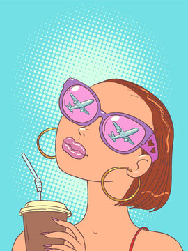A girl in original glasses drinks a drink and thinks about buying. Potential consumer of a service or offer.