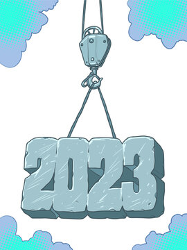 Tower crane holds 2023. Tower crane holds steel and iron 2023. Construction company announces the coming 2023.