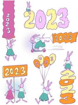 Hares meet 2023. next to each other. The Balloon Hare is descending. standing sitting lowering . The hare is moving forward showing
