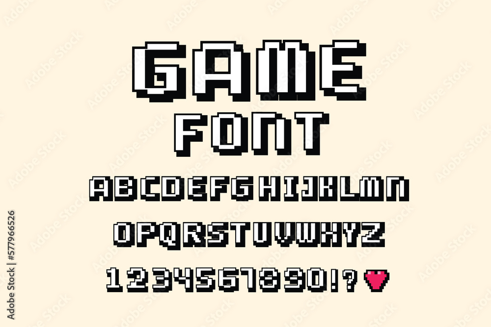 Poster font and numbers. video computer game design 8 bit . vector alphabet