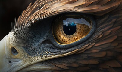  a close up of an eagle's face with a yellow eye.  generative ai