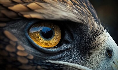  a close up of an eagle's eye with yellow eyes.  generative ai