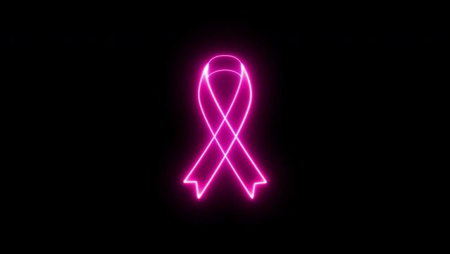 4K Pink color neon mourning ribbon stock animation. Slow motion breast cancer awareness  symbol on Black Background. Vibrant Fluorescent signal Animation with alpha channel.