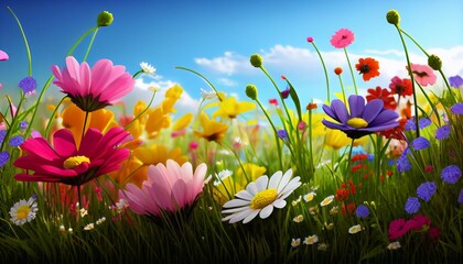 Fototapeta na wymiar A colorful flower meadow in springtime. Generative AI.