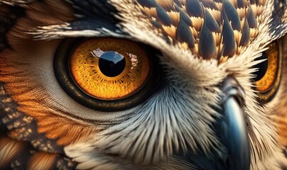  a close up of an owl's eye with yellow eyes.  generative ai