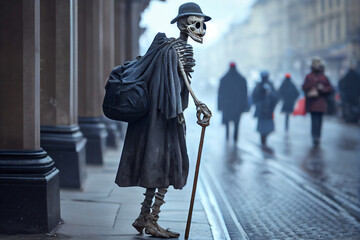 Skeleton walks around the city. AI Generated