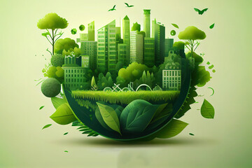 Green eco city on natural background. Generative Ai - obrazy, fototapety, plakaty