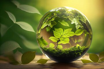 Green glass globe with green leaves an d morning sunlight. Generative Ai