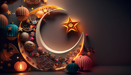 Religious islamic ramadan greetings colorful background design with crescent moon