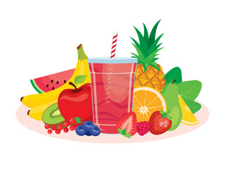 Fresh pink smoothie drink in a plastic cup vector illustration. Healthy fruit juice mix icon vector on white background. Disposable cup of juice with straw and a pile of fruits drawing