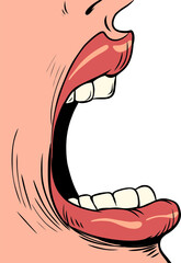 Taking care of your health. Dental treatment. Woman open mouth and row of teeth.