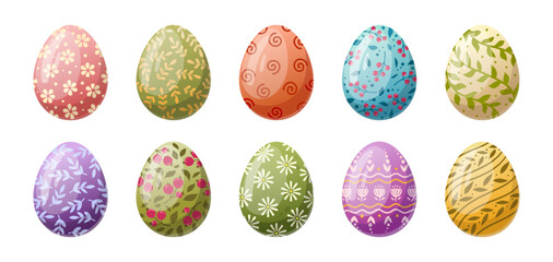 Spring holiday eggs. Easter egg hunt chocolate egg, traditional painted eggs flat cartoon vector illustration set