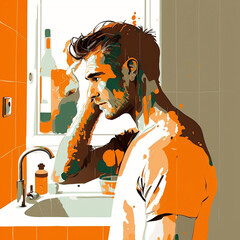a man brushes his teeth in the bathroom, washes, brown-orange tones, pop art, white background, generated in AI