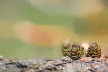 Digital painting of young conifer pine cone shoots isolated in a natural environment.