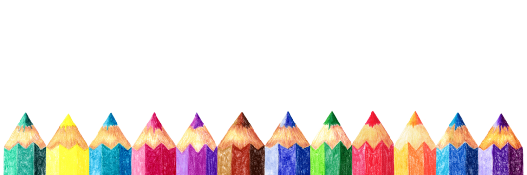 Long horizontal frame from a set of hand drawn colored pencils. Realistic pencils are displayed in a row at the bottom. Hand drawn with oil crayon lined up pencils