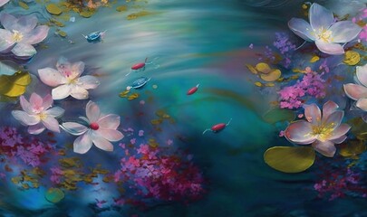Fototapeta na wymiar a painting of flowers and fish in a pond of water. generative ai