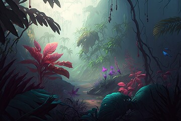 Fototapeta na wymiar Colorful jungle with flowers and mist