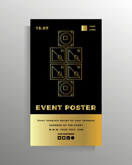 Cover for banner, flyer, poster, brochure, booklet, and book. Vector geometric design template. Color black with gold. The format is elongated vertical.