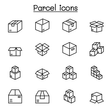 Parcel, box icon set in thin line style