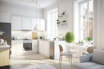 Fototapeta na wymiar White apartment with open kitchen ,Generative AI