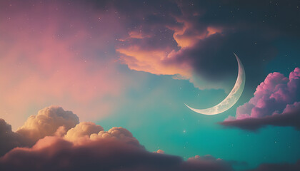 Obraz na płótnie Canvas Colorful islamic ramadan greetings background with crescent moon over clouds