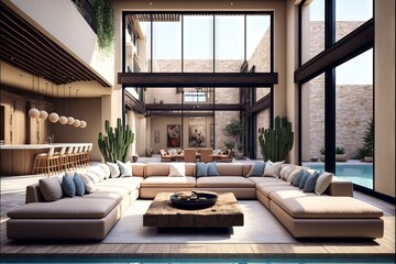 Fototapeta premium Architectural photography of a modern livingroom. Modern style interior design idea. Generative AI