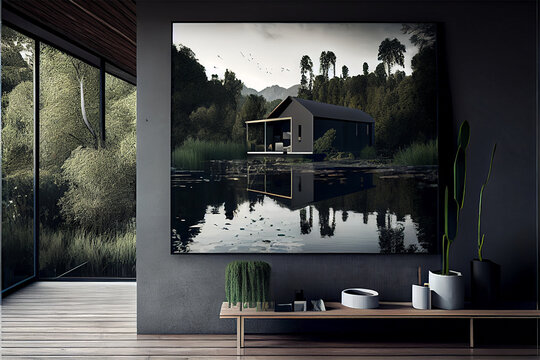 A picture of a modern house built next to a lake surrounded by trees and mountains, scenery, generative ai