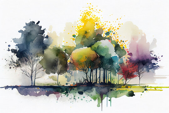 Watercolor landscape with trees abstract nature background. Generative Ai