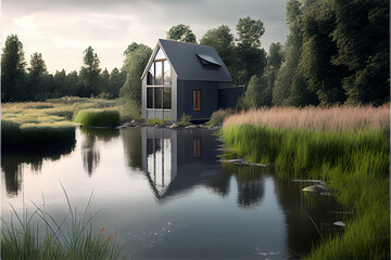 Obraz premium A modern house built next to a lake surrounded by trees and mountains, scenery, generative ai