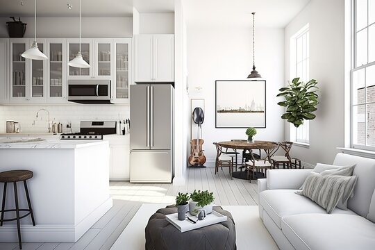 Modern White Apartment With Kitchen Open To Living ,Generative AI