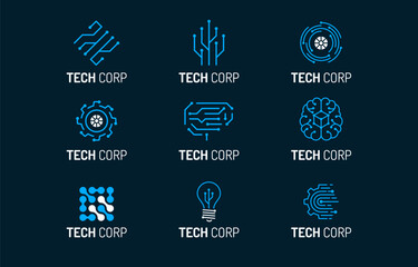 Flat Microelectronics Circuits Technology Logo Set