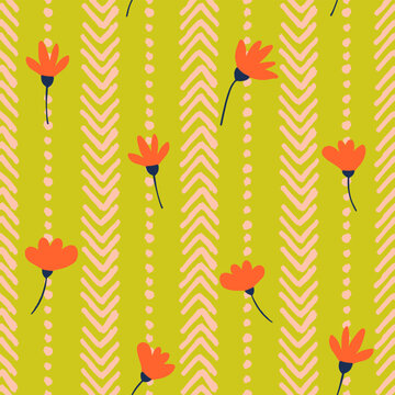 Flower seamless repeat pattern with ethno background. Lime green, hand drawn vector elements all over surface print.