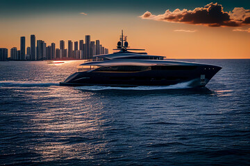 Yacht in sea against the backdrop of skyscrapers buildings in Miami. Yacht motorboat in sea on sunset.  Yachting sport in Florida. Super yacht in ocean, Ai Generated Illustration.
