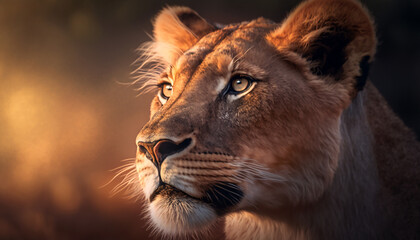 Portrait of a female lioness in Africa. Beautiful safari animal and family photos, wallpaper, poster created with help of generative ai.