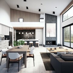 Fototapeta premium Architectural photography of a modern livingroom. Modern style interior design idea. Generative AI